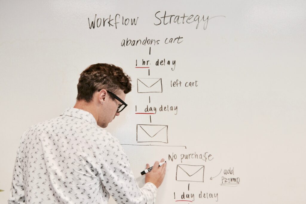 Digital marketer mapping out email marketing flow on whiteboard
